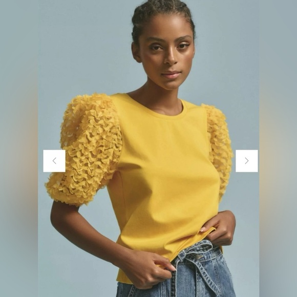 ANTHROPOLOGIE FLAT YELLOW SHEER RUFFLE PUFF SLEEVE BLOUSE KNIT TEE TOP Size XS - Picture 2 of 4